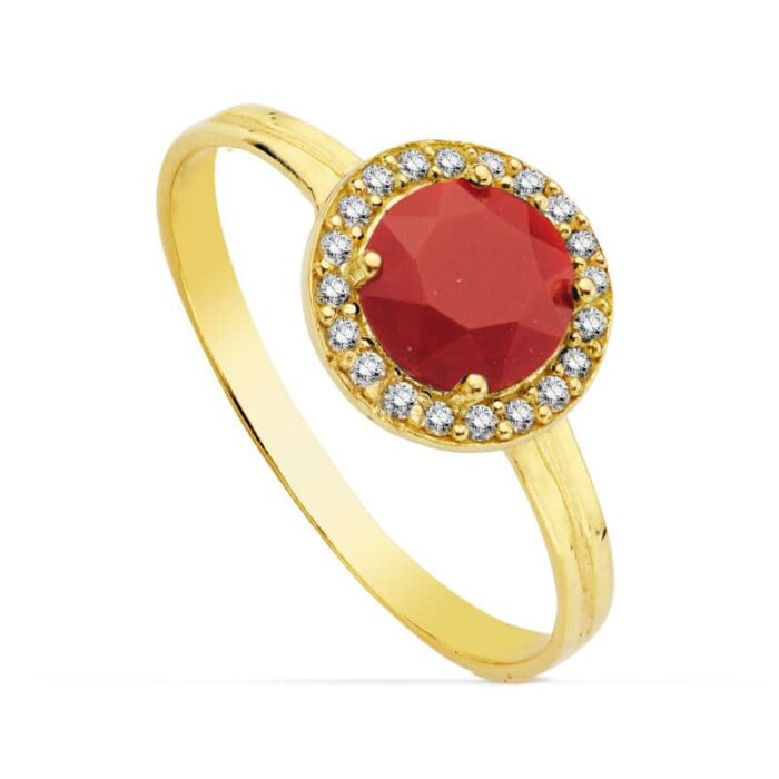 18K SORTIJA ORO AMARILLO MOTIVO REDONDO CIRCONITA ROJA 6 MM. ANCHO: 9 MM