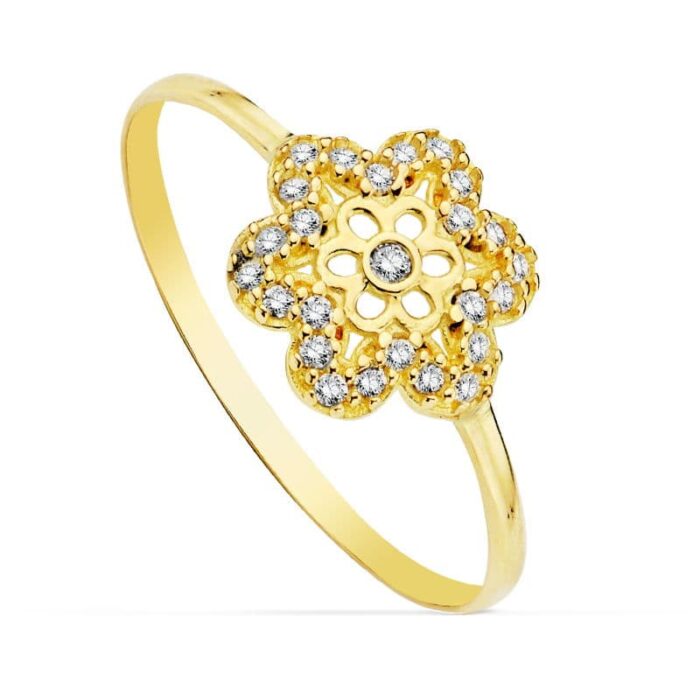 18K SORTIJA FLOR CIRCONITAS 9X9 MM
