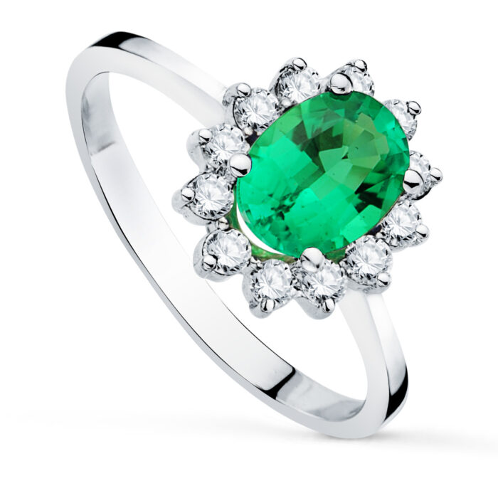 18K SORTIJA ORO BLANCO CUAJO CON DIAMANTES 0.42 QTS. ESMERALDA 8X6 MM 1.10 QTS.