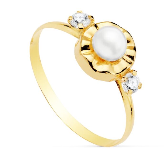 18K SORTIJA CIRCONITAS Y PERLA 4 MM