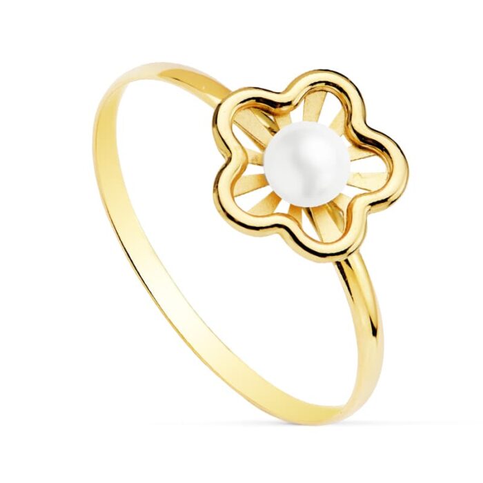 18K SORTIJA FLOR CALADA PERLA 3 MM