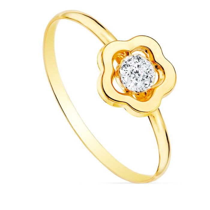 18K SORTIJA ORO AMARILLO COMUNION FLOR Y CIRCONITAS 8X8 MM ANCHO CUERPO 1 MM