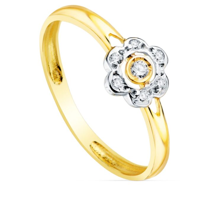 18K SORTIJA ORO BICOLOR FLOR CON CIRCONITAS 6X6 MM ANCHO CUERPO 2 MM