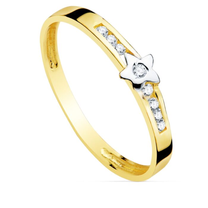 18K SORTIJA ORO BICOLOR FLOR CON CIRCONITAS CARRIL. ANCHO CUERPO 2 MM