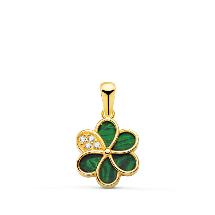 18K COLGANTE ORO AMARILLO FLOR PETALOS MALAQUITA Y CIRCONITA 10X10 MM.
