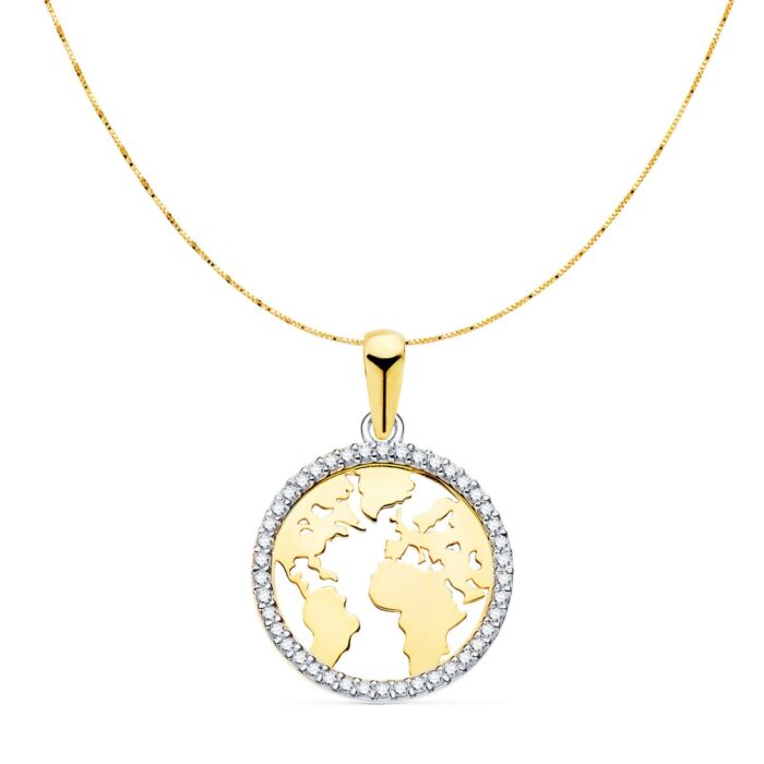 18K COLGANTE ORO BICOLOR BOLA MUNDO CON CIRCONITA 16 MM CAD. VENECIANA 42+3 CM