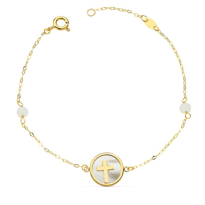18K PULSERA ORO AMARILLO NACAR CON CRUZ 12 MM Y BOLAS JADE 4 MM CADENA 18 + 2.5 CM