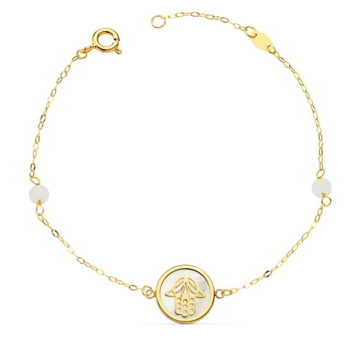 18K PULSERA ORO AMARILLO NACAR CON MANO DE FATIMA 12 MM Y BOLAS JADE 4 MM CADENA 18   2.5 CM