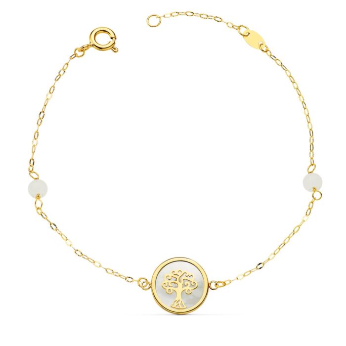 18K PULSERA ORO AMARILLO NACAR CON ARBOL DE LA VIDA 12 MM Y BOLAS JADE 4 MM CADENA 18   2.5 CM