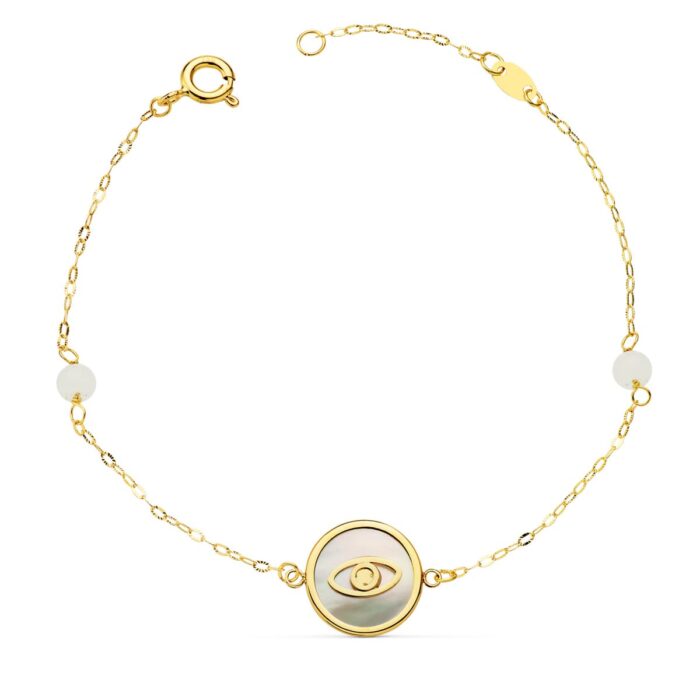 18K PULSERA ORO AMARILLO NACAR CON OJO TURCO 12 MM Y BOLAS JADE 4 MM CADENA 18   2.5 CM