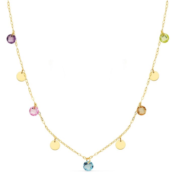 18K GARGANTILLA ORO AMARILLO PLACA CHAPAS 5 MM Y PIEDRAS 5 MM CADENA FORZADA 45CM