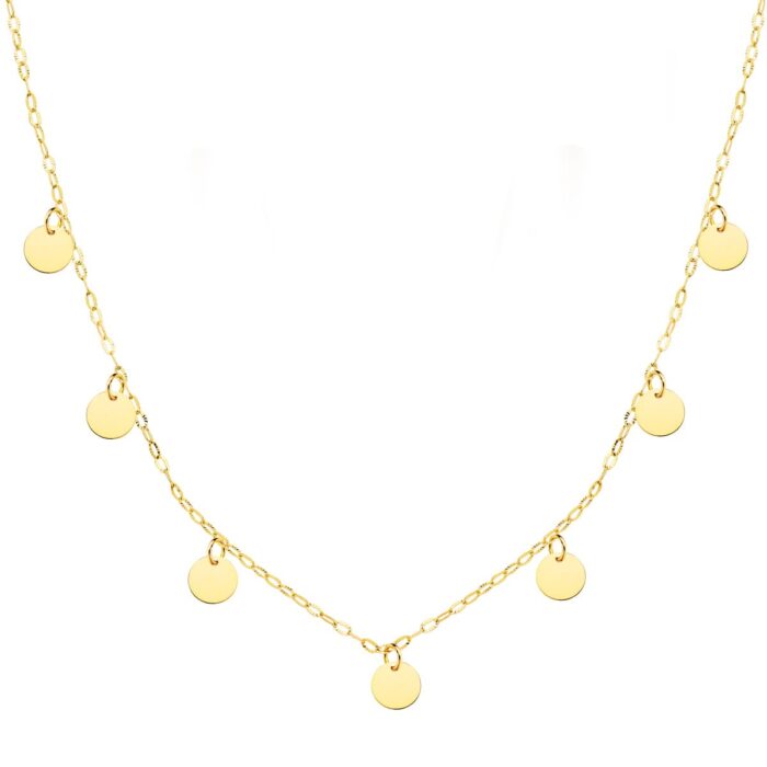 18K GARGANTILLA ORO AMARILLO PLACA CHAPAS REDONDAS 5 MM CADENA FORZADA 45CM