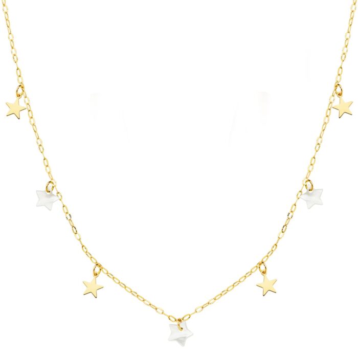 18K GARGANTILLA ORO AMARILLO ESTRELLAS LISAS Y NACAR 5.5 MM CADENA FORZADA 45CM