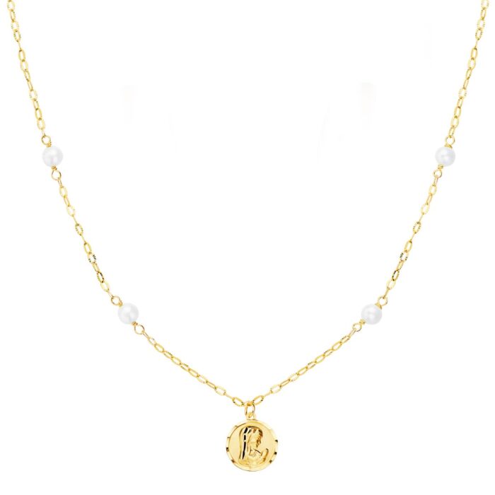 18K GARGANTILLA ORO AMARILLO VIRGEN NIÑA 8 MM PERLAS 3.5 MM CADENA FORZADA 40CM