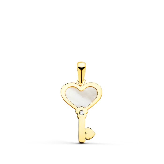 18K COLGANTE ORO AMARILLO LLAVE DE NACAR CON CORAZON Y CIRCONITA 18X11 MM