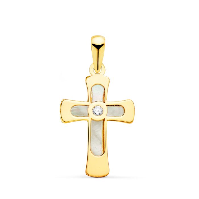 18K CRUZ ORO AMARILLO CON NACAR Y CIRCONITA 20 X 12 MM