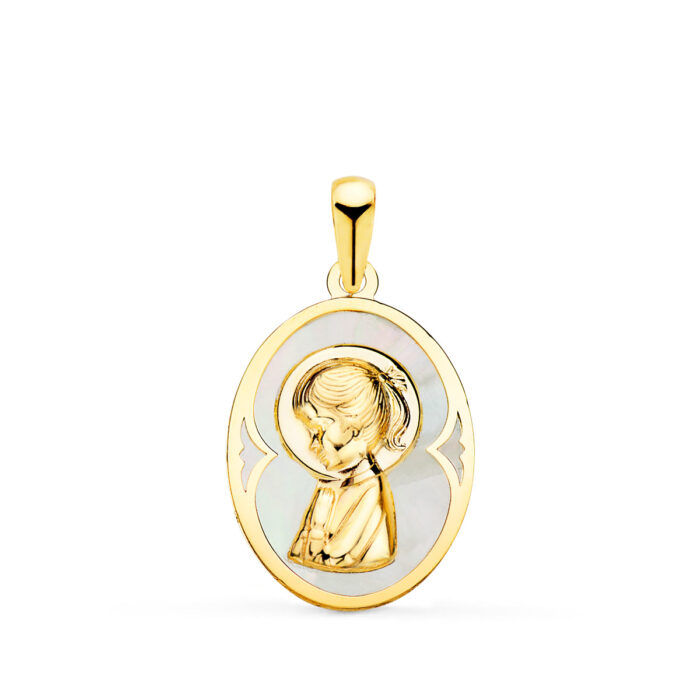 18K MEDALLA ORO AMARILLO OVAL CON NACAR BLANCO Y VIRGEN NIÑA 19X14 MM