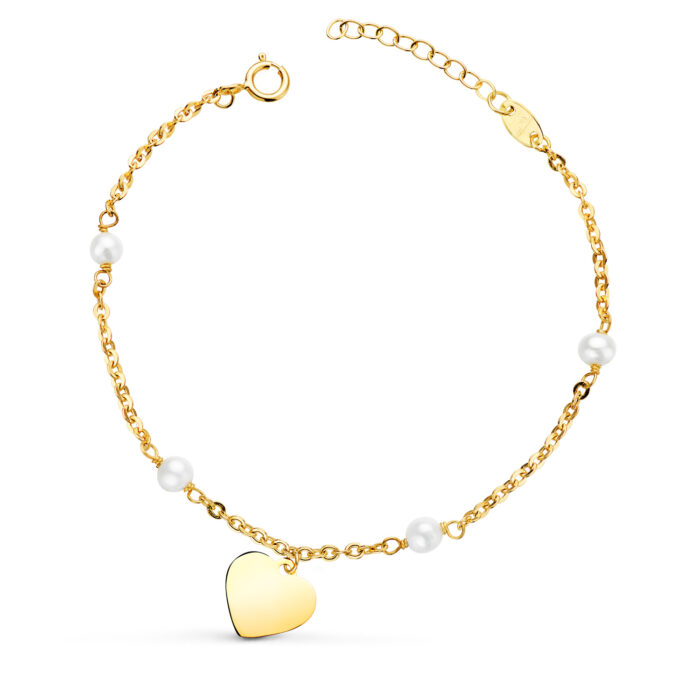 18K PULSERA ORO AMARILLO CON PERLAS 3.5MM Y PLACA CHAPA CORAZON 10MM. LARGO: 15 2CM
