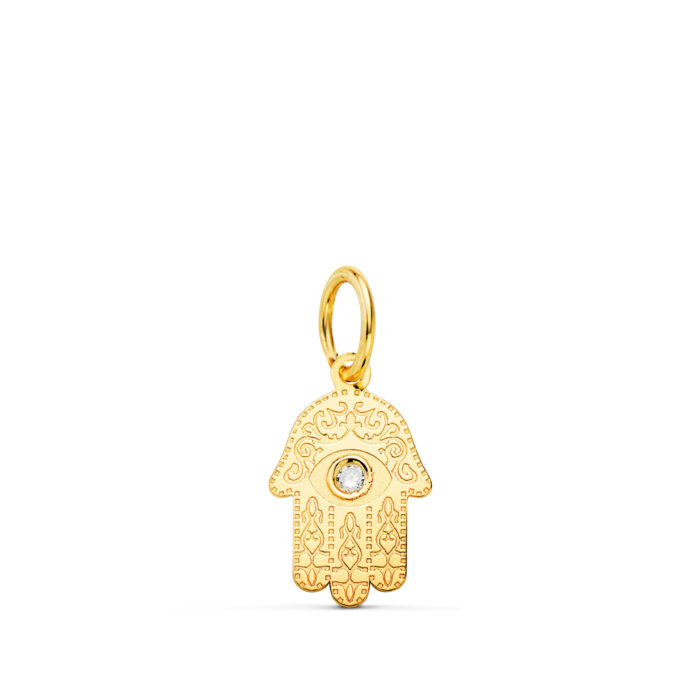 18K COLGANTE ORO AMARILLO MANO DE FATIMA TALLADA CIRCONITA 11 X 6,5MM