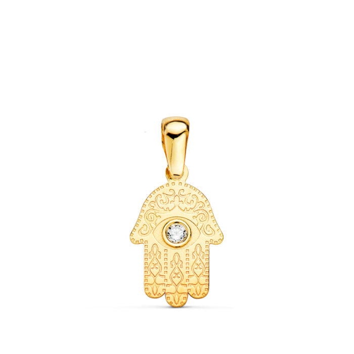 18K COLGANTE ORO AMARILLO MANO DE FATIMA TALLADA CIRCONITA 13 X 8MM
