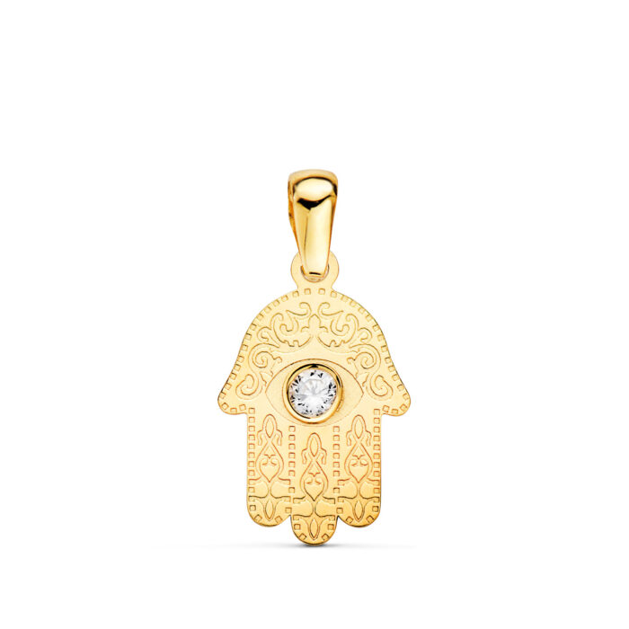 18K COLGANTE ORO AMARILLO MANO DE FATIMA TALLADA CIRCONITA 15 X 9MM