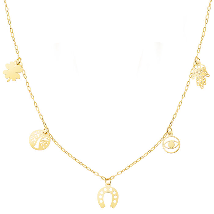 18K GARGANTILLA ORO AMARILLO CON COLGANTES DE LA SUERTE CADENA FORZADA 42   3 CM