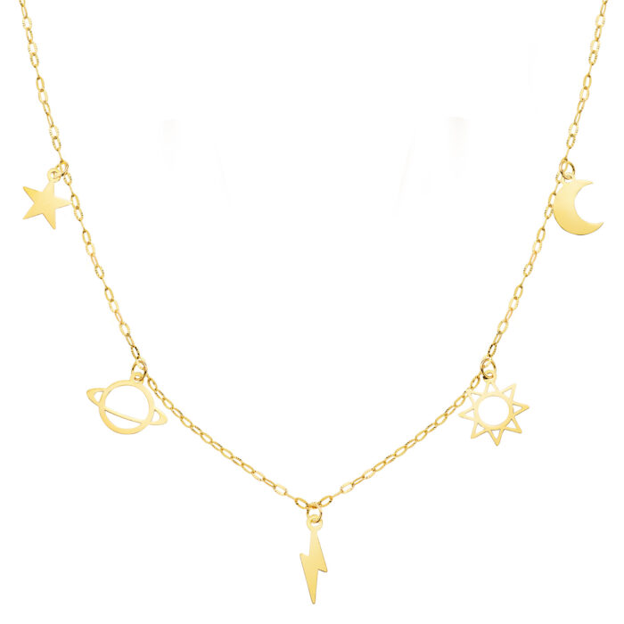 18K GARGANTILLA ORO AMARILLO CON COLGANTES UNIVERSO CADENA FORZADA TALLADA 42 3 CM