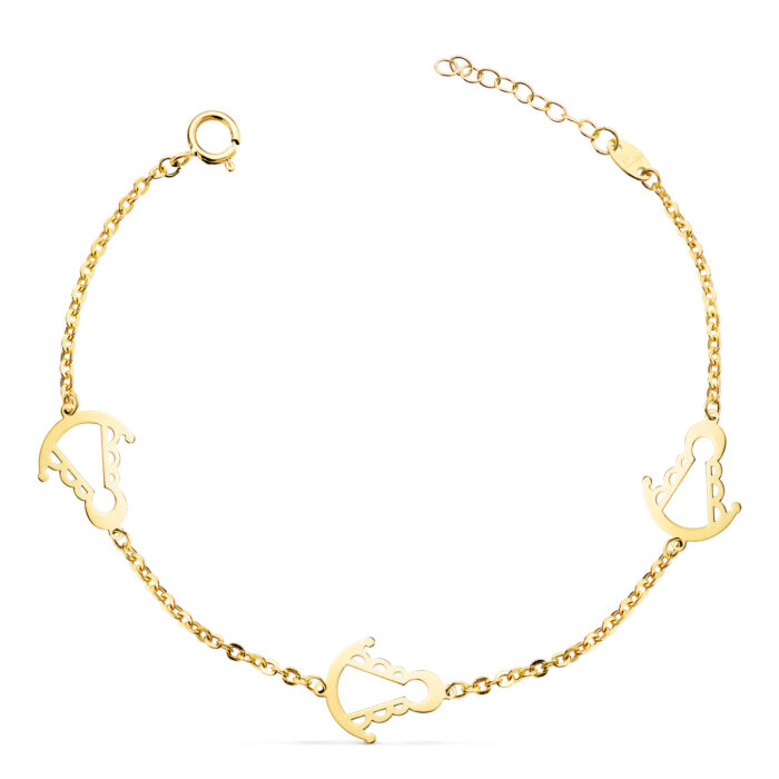 18K PULSERA ORO AMARILLO  TRES SLIUETAS VIRGEN ROCIO 14X11 MM CON. LARGO: 15,5 3 CM