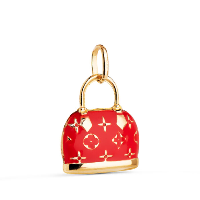 18K COLGANTE CHARM ORO AMARILLO BOLSO CON ESMALTE ROJO. MEDIDA: 15 X 12,5 MM