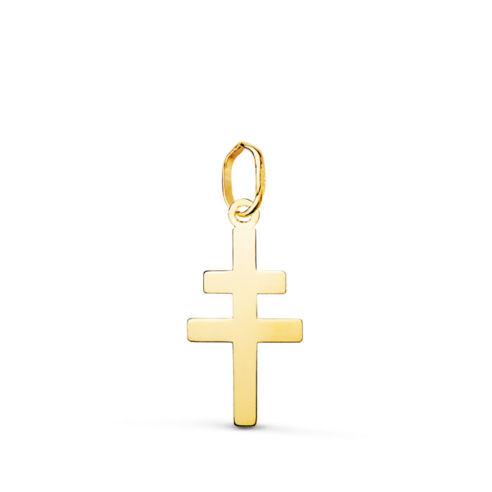 18K COLGANTE ORO AMARILLO CRUZ DE LORRAINE SILUETA EN BRILLO. 18 X 9 MM