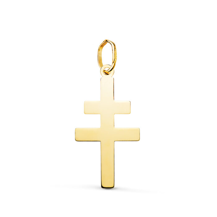18K COLGANTE ORO AMARILLO CRUZ DE LORRAINE SILUETA EN BRILLO. 22 X 12 MM