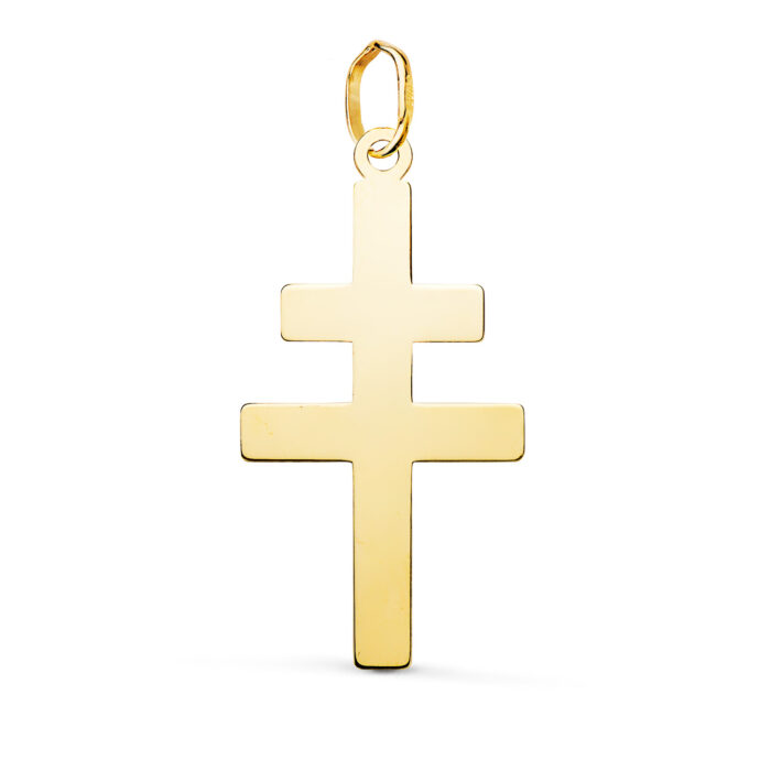 18K COLGANTE ORO AMARILLO CRUZ DE LORRAINE SILUETA EN BRILLO. 28 X 14 MM