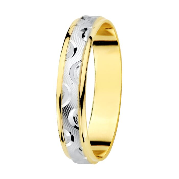 18K ALIANZA ORO BICOLOR TALLADA Y BORDES EN BRILLO. ANCHO: 4 MM.