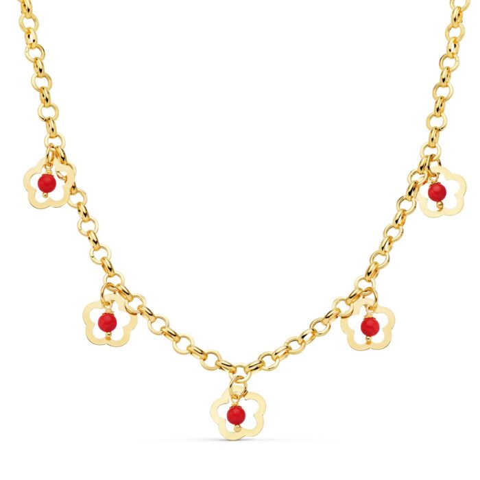 18K COLLAR ORO AMARILLO FLORES 12 MM CORAL CADENA 50CM