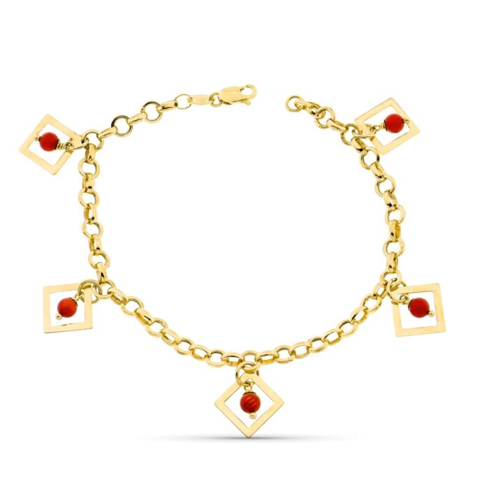 18K PULSERA ORO AMARILLO ESLABON ROLO ROMBOS Y CORAL