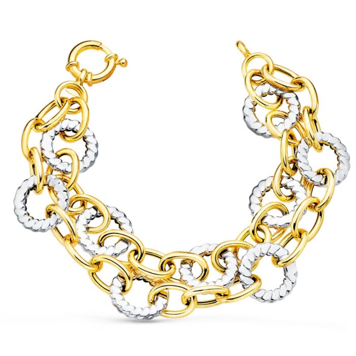 18K PULSERA ORO BICOLOR DOBLE CADENA HUECA MOTIVOS REDONDOS 20.5 CM