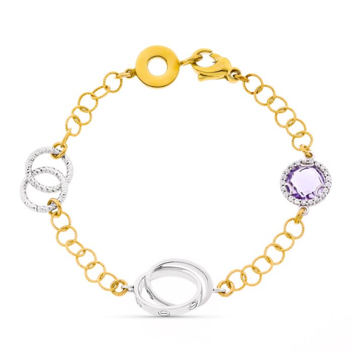 18K PULSERA BICOLOR ESLABONES PIEDRA AMATISTA