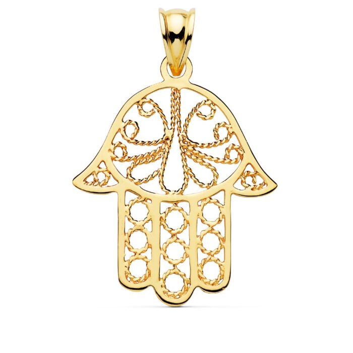 18K COLGANTE ORO AMARILLO MANO FATIMA CALADA. MEDIDA: 32 X 29 MM