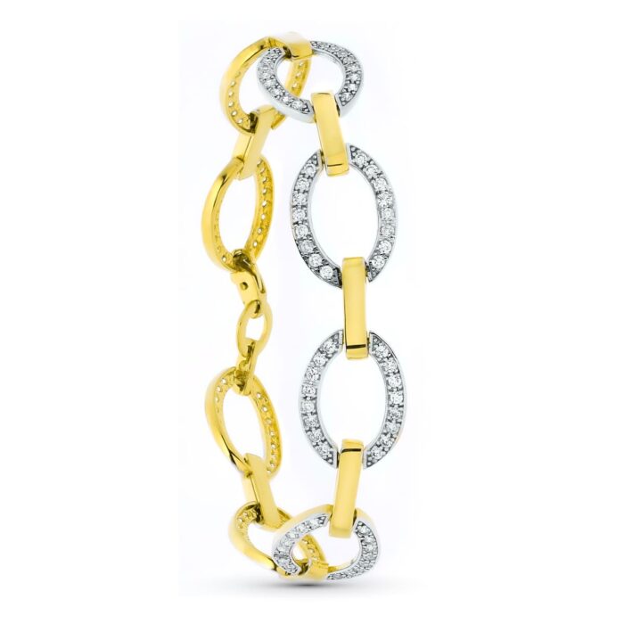 18K PULSERA ORO BICOLOR ESLABONES CIRCULOS Y CIRCONITAS