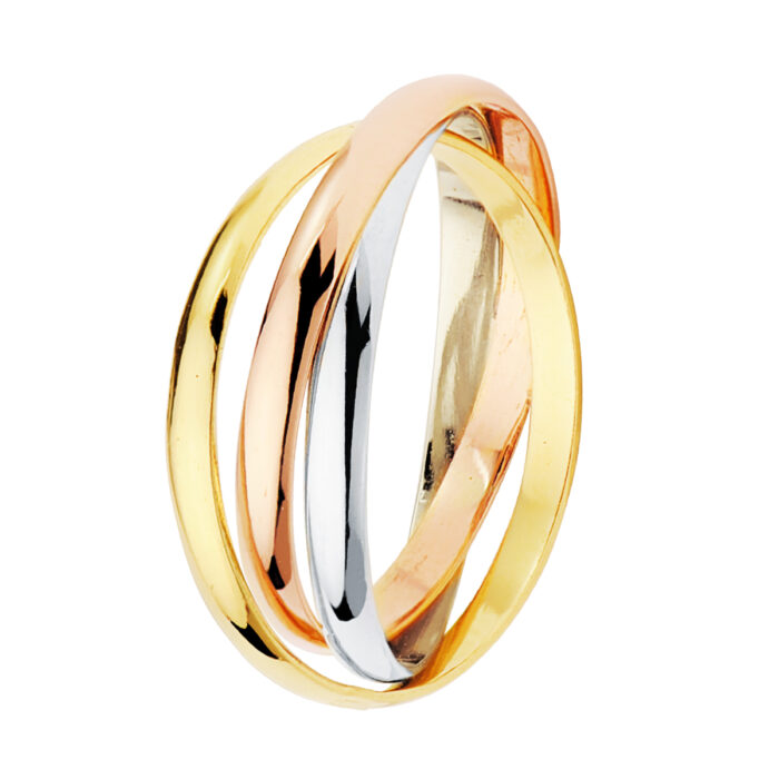 18K ALIANZA TRES AROS ORO TRICOLOR MEDIA CAÑA. ANCHO: 2 MM