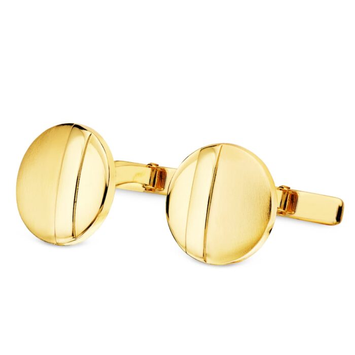 18K GEMELOS ORO AMARILLO REDONDOS MATE Y BRILLO 15 MM CIERRE RIGIDO OSCILANTE