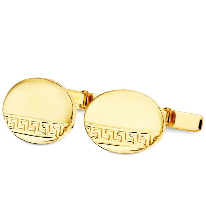 18K GEMELOS ORO AMARILLO OVAL GRECA MATE Y BRILLO 18X13 MM CIERRE RIGIDO OSCILANTE