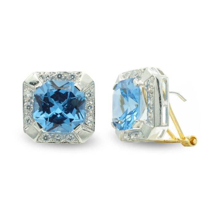 18K PENDIENTES ORO BICOLOR CUADRADO CON CIRCONITA CIERRE OMEGA