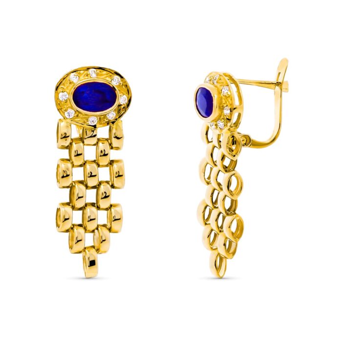 18K PENDIENTES ORO AMARILLO PANTER Y PIEDRA ZAFIRO 6X4 MM CIERRE CATALAN