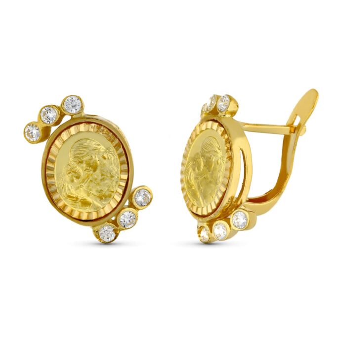 18K PENDIENTES ORO AMARILLO MADRE Y CIRCONITA 15X14 MM CIERRE CATALAN