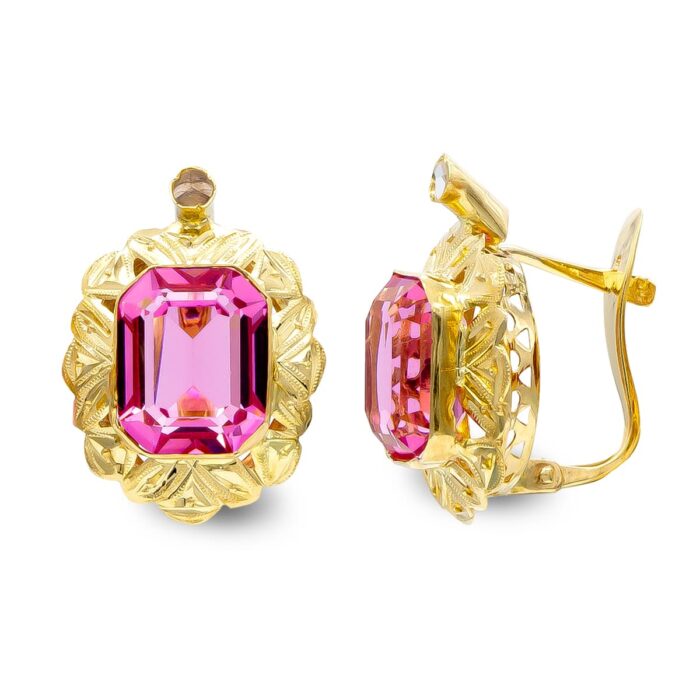 18K PENDIENTES ORO AMARILLO PIEDRA ROSA 10X8 MM CIRCONITA CIERRE CATALAN