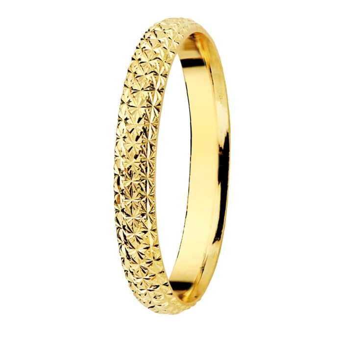 Alianza de Oro Amarillo 9K Media Caña Tallada – Diseño Diamantado 2 mm
