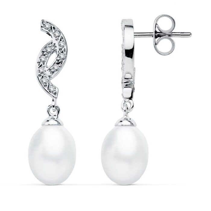 9K PENDIENTES ORO BLANCO PERLA 30X9 MM CIERRE PRESION