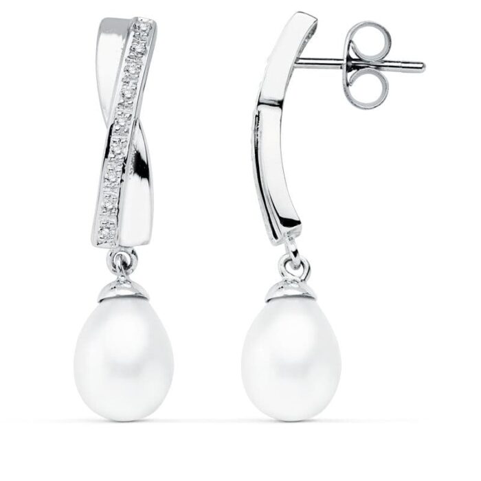 9K PENDIENTES ORO BLANCO PERLA 32X7 MM CIERRE PRESION