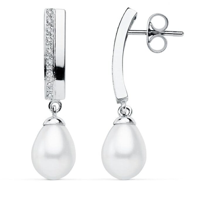 9K PENDIENTES ORO BLANCO PERLA 30X7 MM CIERRE PRESION